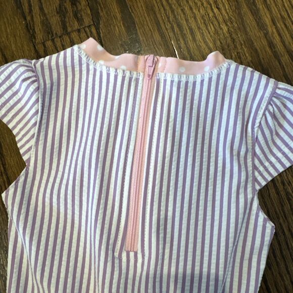 EUC Girls RuffleButts Bathing Suit Purple Stripe With Pink Bow Sz 12-18 Months - Picture 7 of 7
